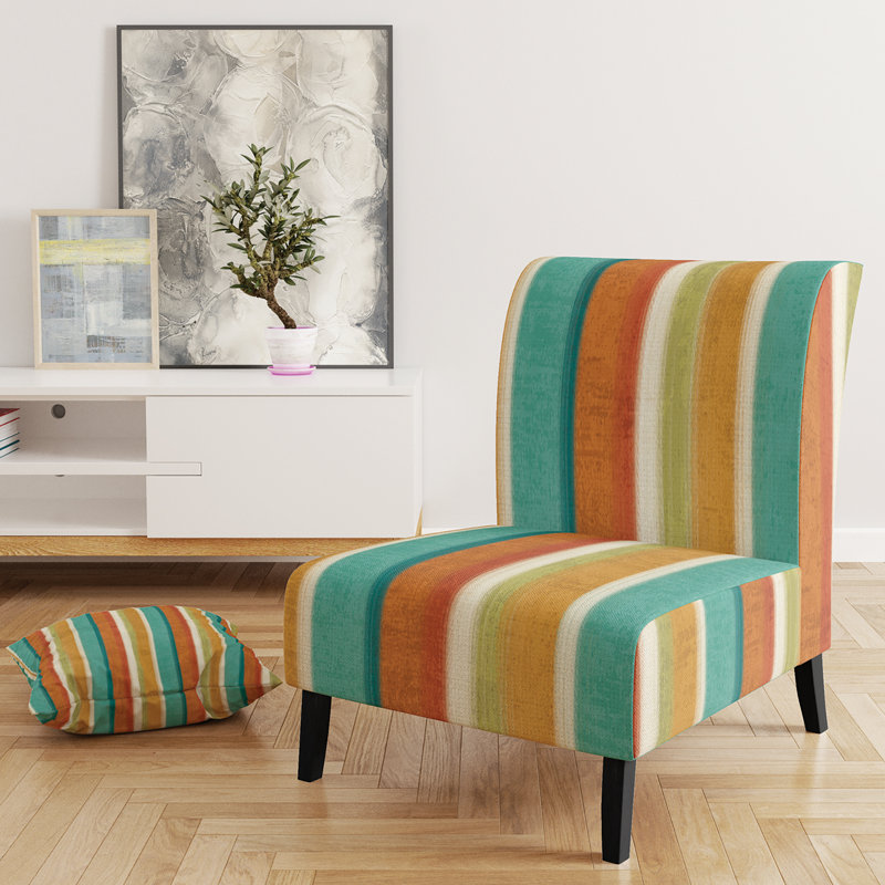 Blue Green and Orange Vertical Abstract Stripes Mid Century Upholstered Slipper Chair Blue Green Orange Polyester Blend Black